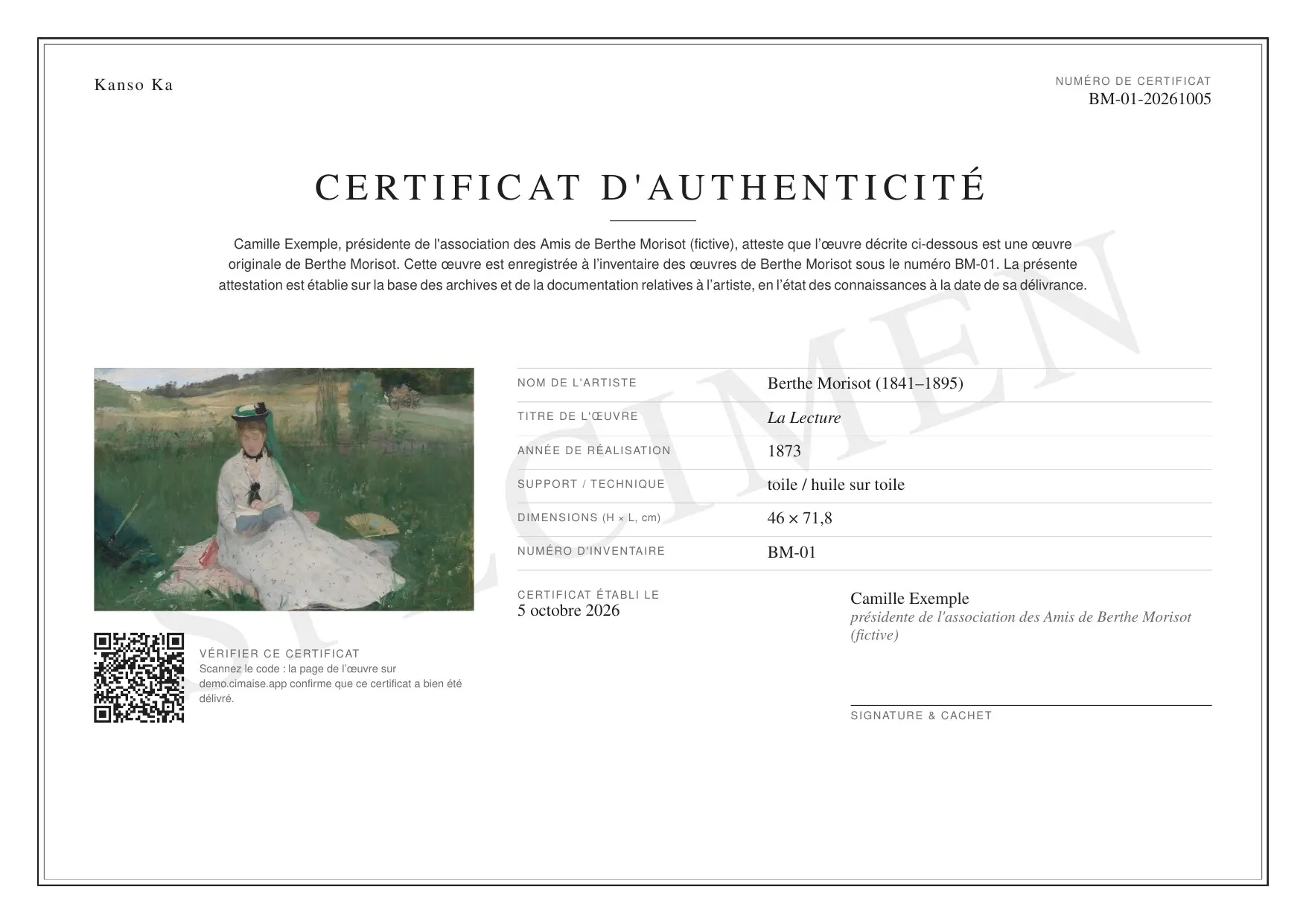 Un certificat d'authenticité pour La Lecture de Berthe Morisot (BM-01) : l'image de l'œuvre, sa notice, la personne qui l'atteste et un code à scanner pour le vérifier.